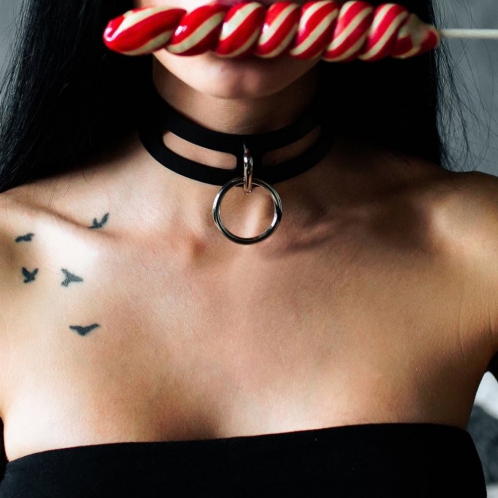 Black Leather O-Ring Choker Collar BDSM Rave Festival Costume Halloween Necklace